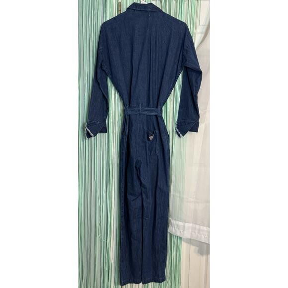 GUESS Long Sleeve Dark Denim Jumpsuit, Pockets, Tie Waist, Collar, XS - Picture 6 of 7